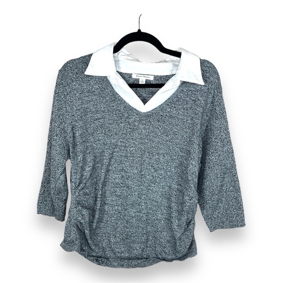 XL STUDIO WORKS GREY WHITE COLLAR ACCENT SWEATER FITTED STRETCH PREPPY ACADEMIA - Picture 1 of 9